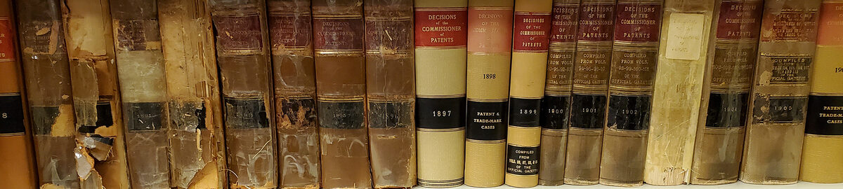 A shelf containing law books relating to intellectual property